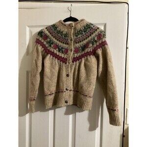 Vintage Eddie Bauer Sweater Womens Large Beige Fair Isle Floral Cardigan 90s